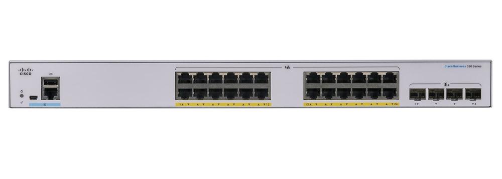 Cisco CBS350-24P-4G front panel with 24 PoE+ ports and 4 Gigabit SFP uplinks