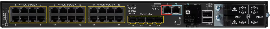 Cisco IE-9320-24T4X-E port layout with 24 10/100/1000M RJ45 copper downlinks and four 1/10G SFP+ uplinks
