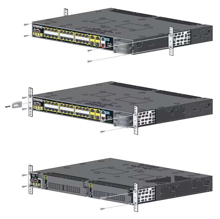 Cisco IE9300 Rugged Series rack mounting positions for front, mid, and rear installation