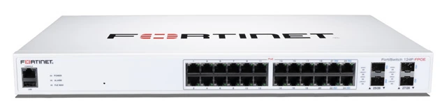 Fortinet FS-124F-FPOE front panel with 24 GE RJ45 PoE+ ports and four 10GbE SFP+ uplink ports