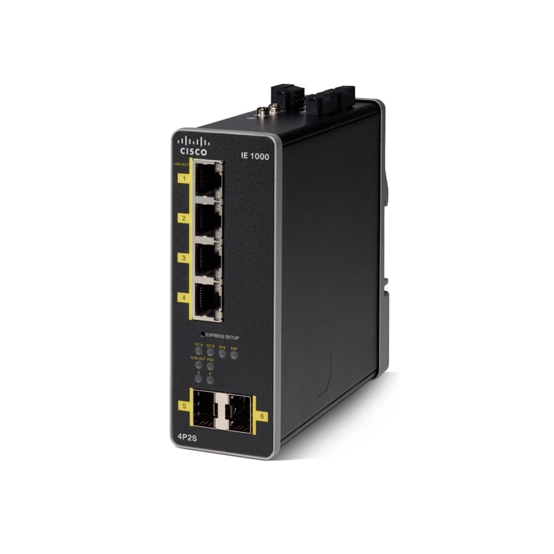 IE-1000-4P2S-LM، Switch Cisco IE1000، أربع منافذ Fast Ethernet PoE ومنفذا Gigabit SFP، مُدار L2